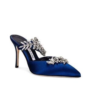 Manolo Blahnik 
Lurum Embellished Satin Mules . Bright Blue Satin . NWT